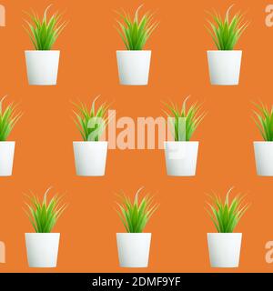 green aloe succulents in white pot seamless pattern isolated on orange background Stock Photo