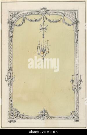 Design for a Mirror, con suggerimenti alternativi, Richard de Lalonde, francese, Active 1780–96, penna e inchiostro, pennello e acquerello, grafite su carta, diversi dettagli sono suggeriti a sinistra e a destra. Un paio di colombe sopra il centro, da cui sono sospesi una corona con due frecce e un lampadario per sei candele. Staffe per candele sul retro. Un cesto di fiori su una staffa al centro inferiore., Francia, ca. 1780, mobili, disegno Foto Stock