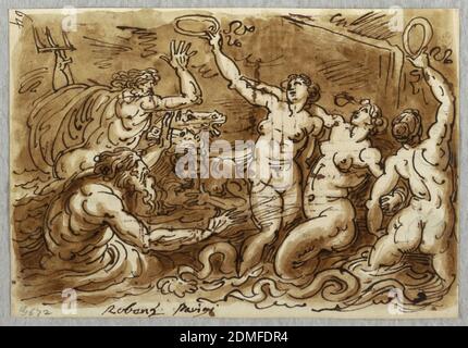 Studio dello sbarco di Maria de' Medici a Marsala, dopo Peter Paul Rubens, Felice Giani, italiano, 1758–1823, lavaggi con penna e inchiostro, pennello e acquerello su carta, Italia, 1813–18, figure, disegno Foto Stock