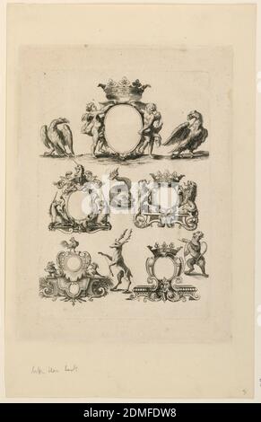 Design per stemma, da 'Livre de carttouch', Nicolas Guérard, francese, 1648–1719, incisione su carta, piatto 2. Cinque scutcheon, due aquile, un delfino, uno stag, una pantera., Francia, ca. 1680, Stampa Foto Stock