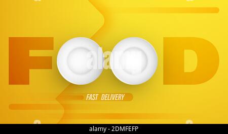 Piatti realistici. Consegna rapida di cibo dai negozi per ordini online. Servizio. Banner concettuale giallo. Vettore Illustrazione Vettoriale