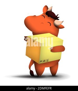 Felice toro piccolo con casella postale in mani, simbolo di 2021 secondo il calendario cinese con sorriso soddisfatto sul viso. Regali per le feste. Illustrazione Vettoriale