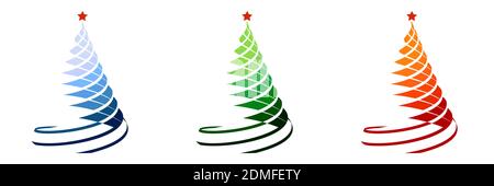 Set di sagome di alberi di Natale, stilizzati intrecciati con nastro festivo. Natale e Capodanno 2021. Icone. Vettore colore Illustrazione Vettoriale