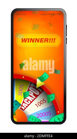 Casinò online in smartphone realistico. Roulette, ruota della fortuna. Scommesse sportive. Vincitore del gioco online, jackpot. Elemento per banner o design Web Illustrazione Vettoriale