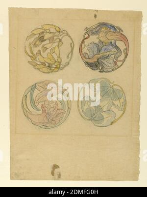 Flower Studies (quattro disegni per ornamenti circolari), Samuel Colman, americano, 1832–1920, recto: Pennello e acquerello, grafite su carta beige verso: Grafite su carta, vista orizzontale di ornamenti composti da due petali e foglie a sinistra; di due boughs con semi di acero a destra; Nella fila superiore di due rami di foglia, a sinistra, di più rami con foglie e un petalo in altezza nella fila inferiore., verso: Un grande castello sulla cima di una collina, al centro, che si inclina verso destra e verso il primo piano, dove sono mostrati due uomini con lance., USA, 1880–90, ornamento, disegno Foto Stock