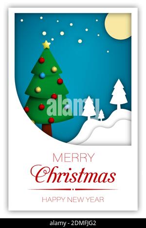 2021 biglietto d'auguri natalizio in stile cartaceo. Albero di Natale decorato con palline di vetro rosso sullo sfondo della natura invernale di notte. Vigilia di Capodanno. Mee Illustrazione Vettoriale