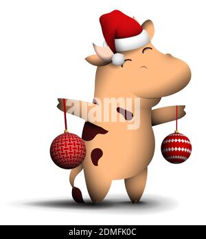 Happy Little bull, simbolo del 2021 secondo il calendario cinese, si erge con sorriso soddisfatto sul viso in rosso cappello babbo natale con palle di Natale in ha Illustrazione Vettoriale