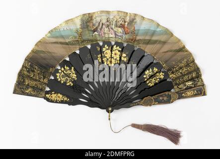 Ventilatore pieghettato, foglia di carta con litografia dorata e colorata a mano; bastoncini di papier maché laccati; tassel di seta, ventilatore litografico stampato con carta colorata a mano e dorata, bastoni di papier maché laccato. Scena mostra una danza country con costumi nello stile del 17 ° secolo. I bastoni sono decorati con decorazioni floreali dipinte e motivi in oro, Francia, ca. 1850, costume e accessori, ventola pieghettata Foto Stock