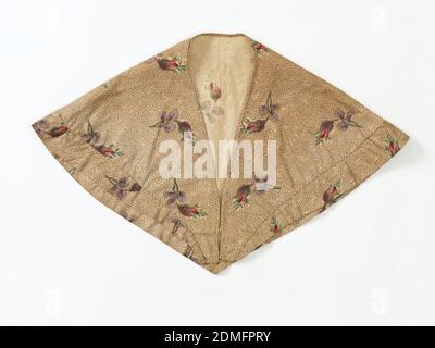 Capelet, Medio: Cotone tecnica: Stampato, Capo per una giovane ragazza di calico stampato con fiori rosa, verde e viola spruzzato su un piccolo motivo a terra di linee di arricciatura marrone scuro., USA, ca. 1835, costume e accessori, Capelet Foto Stock