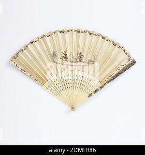 Pleated fan, Painted paper leaf, carved, pierced and painted ivory sticks, Pleated fan. The paper leaf is painted in black and white gouache. On the obverse, a pastoral scene of two women and a boy in front of a house in a rural landscape, with floral borders. On the reverse, a small sketchy landscape with a house, in black. Ivory sticks carved and painted with flowers in black, gray and white., possibly France, possibly Netherlands, 1840–1849, costume & accessories, Pleated fan Stock Photo