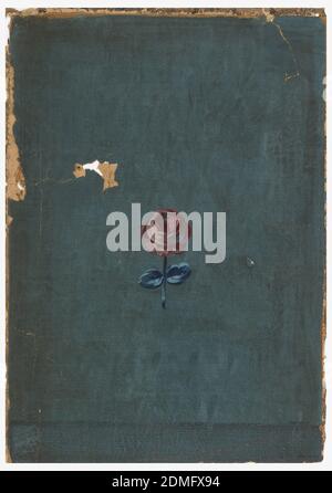 Parete laterale, stampa a blocchi su carta fatta a mano, motivo a losanga su sfondo marrone chiaro, forme a diamante costituite da quattro linee arancioni e quattro linee blu sul lato sinistro di ciascun diamante e forme a foglia nera che si irradiano dall'angolo ottuso. Con contorno arancione e blu sul lato destro di ciascun diamante. In centri di losanghe alternate, raggruppamenti di punti neri, e piccoli sprigs floreali neri. Tratto da uno schermo acquistato c. 1920-40 dal departmentt antico del grande magazzino John Wanamaker, New York., forse Francia, ca. 1800, rivestimenti, pareti laterali Foto Stock