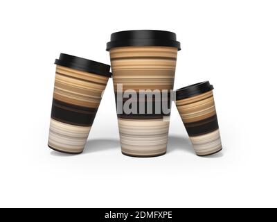 Tazze di carta per caffè latte 3D su sfondo bianco con ombra Foto Stock