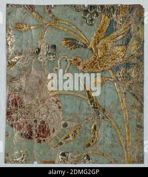 Sidewall, Leather, embossed, painted, silvered, a) A bird perched on a flower, with a worm in its mouth. Above is a bunch of grapes., Flanders, ca. 1700, Wallcoverings, Sidewall Stock Photo