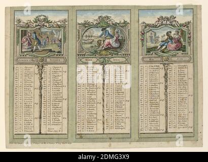 Almanac per 1789, incisione, pennello e acquerello su carta, Calendario per il primo semestre, con tre galanti scènes; una passeggiata, pesca, vita di campagna., Francia, 1788, Stampa Foto Stock