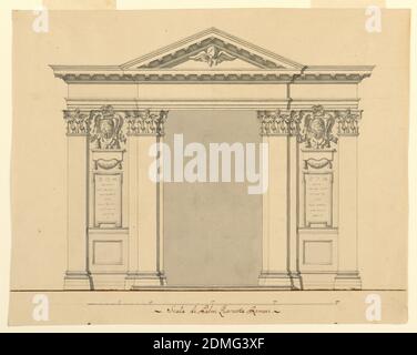 Elevazione di una Cappella, penna e inchiostro nero, pennello e lavaggio, grafite su carta crema, ampia apertura fiancheggiata da pilastri e pannelli di parete che mostrano lo stemma di un prelato su tavolette di iscrizione su cui sono visibili le lettere DOM. Frontone triangolare con cherubino. Linea base. Scala sotto., Roma, Italia, ca. 1750, architettura, disegno Foto Stock