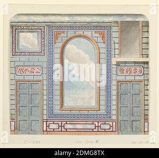 Decorazione della parete, Sala d'ingresso, parete Nord, Padiglione reale, Brighton, Frederick Crace, Inglese, 1779–1859, Pennello e acquerello, penna e inchiostro nero, grafite su carta wove bianca, elevazione di una parete, con porte affiancate ad una grande decorazione centrale dipinta costituita da un cielo nuvoloso, con fogliame indicato in grafite, sotto, racchiuso in una cornice e circondato da una rappresentazione dipinta di lapide e da un bordo di disegno a traliccio. Sopra la porta, a sinistra, una tavoletta con caratteri cinesi, e sopra che un pannello rettangolare incorniciato con un cielo dipinto., Inghilterra, 1802 o prima, architettura Foto Stock