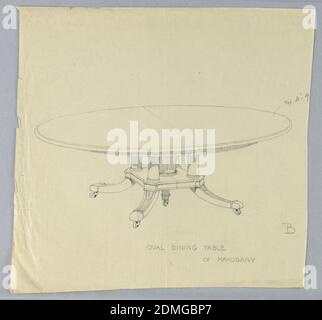 Design per ovale tavolo da pranzo 'B' di Mahogany, A.N. Davenport Co., grafite su carta crema sottile, piano di tavolo stampato ovale rialzato su 5 supporti colonnari seduti in cima alla base sagomata rettangolare che termina in gambe divaricate alate su piedini di ottone con rotelle; foglia d'acqua scolpita in cima a ogni piede., 1900–05, mobili, disegno Foto Stock