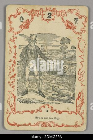 Carta da gioco, inchiostro rosso e nero, carta, carta numerata in alto: O 2 T; sotto immagine centrale: 3, Europa, ca. 1855, carta da gioco Foto Stock