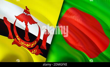 Bandiere del Brunei e del Bangladesh. Progettazione di bandiere ondulate 3D. Brunei Bangladesh bandiera, foto, sfondo. Immagine Brunei vs Bangladesh,rendering 3D. Brunei Bangla Foto Stock