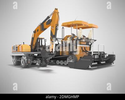 Macchina stenditrice per asfalto cingolata e escavatore gommato con rendering 3d attivato sfondo grigio con ombra Foto Stock