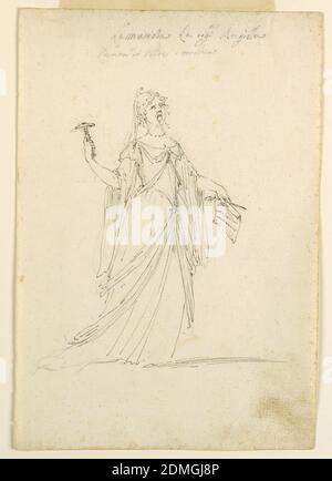 Costume Design: Musica per balletto, matita di piombo, penna e inchiostro su carta, rettangolo verticale. Una donna è mostrata in tre quarti di profilo, rivolta verso destra, e cantando. Solleva un martello con la mano destra, e porta nella sinistra un foglio di musica e una penna di scrittura., Modena, Italia, ca. 1720, teatro, disegno Foto Stock