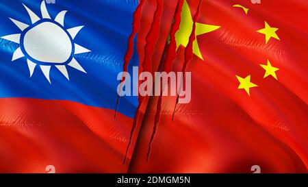 Bandiere di Taiwan e Cina con concetto di cicatrice. Flag di ondulazione, rendering 3D. Concetto di conflitto tra Taiwan e Cina. Taiwan concetto di relazioni con la Cina. Bandiera di Taiwan Foto Stock