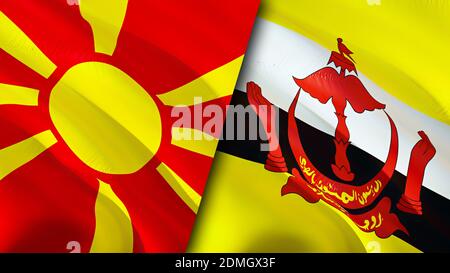 Bandiere della Macedonia del Nord e del Brunei. Progettazione di bandiere ondulate 3D. Nord Macedonia Brunei bandiera, foto, sfondo. Nord Macedonia vs Brunei immagine,3D rendering Foto Stock