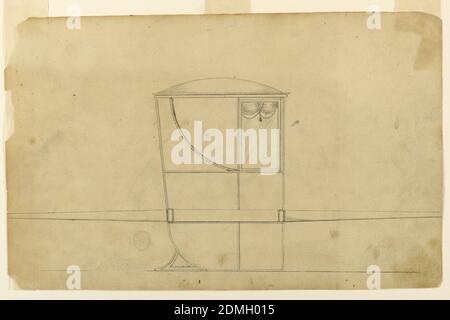 Disegno per una sedia berlina, penna e inchiostro, pennello e colore grigio dell'acqua su carta, mostrato in profilo rivolto verso destra, senza ornamenti. Il pannello accanto alla finestra è suddiviso da una striscia curva che sale in modo simile alla spirale in 1900-1-11. Strisce simili incorniciano i pannelli. Cancellato dalla linea di base sinistra, probabilmente: 'W H Sq.....' e una parola nel piede., Londra, Inghilterra, ca. 1780, mobili, disegno Foto Stock