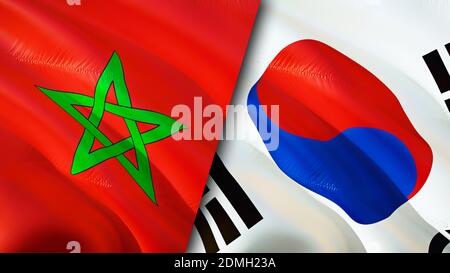 Bandiere del Marocco e della Corea del Sud. Progettazione di bandiere ondulate 3D. Marocco Corea del Sud bandiera, foto, sfondo. Immagine Marocco vs Corea del Sud,rendering 3D. Marocco Foto Stock