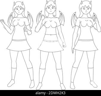 Belle ragazze diavolo cartoon line art, sucubus o demoni femminili. Illustrazione vettoriale in stile cartoon isolato su sfondo bianco. Illustrazione Vettoriale