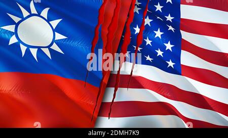 Bandiere di Taiwan e USA con concetto di cicatrice. Flag di ondulazione, rendering 3D. Concetto di conflitto tra Taiwan e Stati Uniti. Taiwan USA Relations Concept. Bandiera di Taiwan e USA Foto Stock