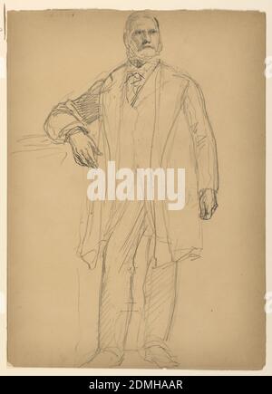 Presidente Chester Alan Arthur Standing, Daniel Huntington, americano, 1816–1906, grafite su carta wove marrone chiaro verso: Grafite e gesso bianco, figura maschile a lunghezza intera con gomito destro poggiato su una sporgenza o un mantello., USA, USA, 1884, ritratti, disegno Foto Stock
