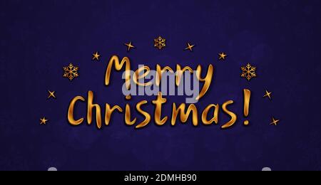 Merry Christmas golden lettering on navy blue background with snowflakes. Elegant decoration for poster, flyer, invitation, website. Illustrazione Vettoriale