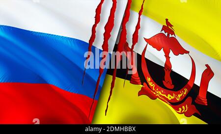 Bandiere di Russia e Brunei con concetto di cicatrice. Flag di ondulazione, rendering 3D. Russia e Brunei concetto di conflitto. Russia Brunei relazioni concetto. Bandiera di Russ Foto Stock