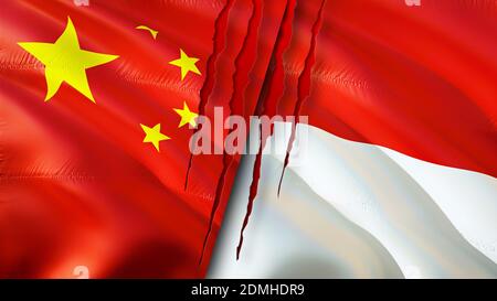 Bandiere di Cina e Indonesia con concetto di cicatrice. Flag di ondulazione, rendering 3D. Concetto di conflitto tra Cina e Indonesia. Cina Indonesia relazioni concetto. Bandiera o Foto Stock