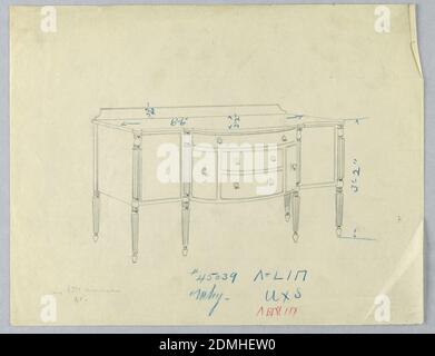 Design per sponda a sei gambe con cinque cassetti centrali, A.N. Davenport Co., grafite, matita blu, penna e inchiostro rosso, su carta crema sottile, sponda rettangolare su sei gambe rastremate, scanalate e tornite; parte anteriore tripartita con sezione centrale convessa con tre cassetti orizzontali affiancati da due cassetti verticali; bassa sbattitura sul retro della parte superiore., 1900–05, mobili, disegno Foto Stock