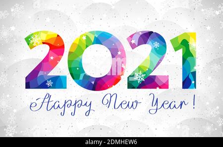 2021 UN felice anno nuovo congrats concetto. Logotipo di vetro colorato. Splendido sfondo innevato. Modello grafico isolato astratto. Numero decorativo Illustrazione Vettoriale