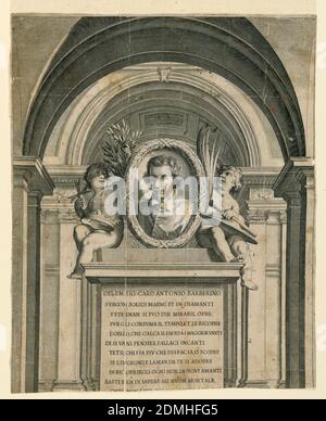 Ritratto del cardinale Antonio Barberino, incisione su carta, un ritratto a forma di busto in un medaglione raffigurante il giovane cardinale in tre quarti di vista a sinistra. Il medaglione è sostenuto da un piedistallo alto. Il ritratto è affiancato da due piccoli putti. Il monumento è posto in una sala ad arco., Italia, 1647, Stampa Foto Stock