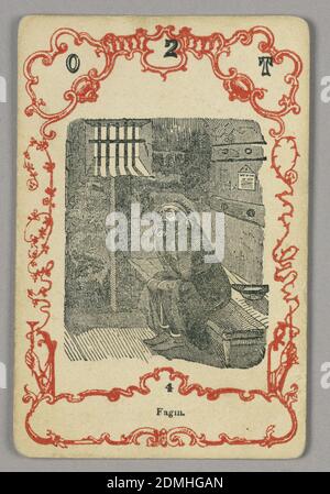 Playing card, Red and black ink, paper, At top: O 2 T; below central image: 4, Europe, ca. 1855, Playing card Stock Photo