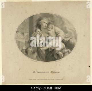 La madre in difficoltà, Francesco Bartolozzi, italiana, Inghilterra attiva, 1727–1815, Giovanni Battista Cipriani, italiana, 1727–1785, Inghilterra attiva, 1755–1785, incisione su carta bianca, madre con quattro figli in fuga da fiamme, che sono dietro di lei, a destra. Sul retro, a sinistra, edifici pubblici e una sottile luna a mezzaluna., Inghilterra, 1785, Stampa Foto Stock