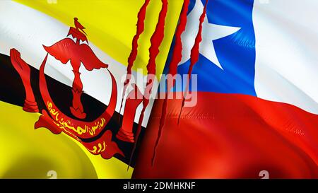 Brunei and Chile flags with scar concept. Waving flag,3D rendering. Brunei and Chile conflict concept. Brunei Chile relations concept. flag of Brunei Stock Photo