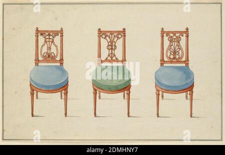 Design per tre sedie, Jean Démosthène Dugourc, francese, 1749–1825, pennello e acquerello, penna e inchiostro nero, grafite su carta bianca. Bordi rigati in penna e inchiostro nero., sinistra: Sedia laterale, imbottita in blu. Stacca posteriore allungata con configurazione lyre-form come schienale. Guide scanalate e gambe., Centro: Stessa descrizione di cui sopra imbottita in verde., destra: Stessa descrizione di cui sopra, imbottita in blu., Francia, Francia, 1790, mobili, disegno Foto Stock