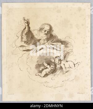 L'Onnipotente nelle nuvole, con due Angeli Boy, Francesco Bartolozzi, italiano, Inghilterra attiva, 1727–1815, Giovanni Francesco Barbieri (Guercino), italiano, 1591 – 1666, incisione in inchiostro marrone su carta bianca, Dio, con la mano destra sollevata in benedizione, guarda il bordo di una nuvola a due putti sottostanti., Italia, ca. 1760–1770, Stampa Foto Stock