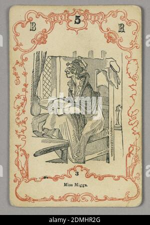 Carta da gioco, inchiostro rosso e nero, carta, carta numerata in alto: B 5 R; sotto immagine centrale: 3, Europa, ca. 1855, carta da gioco Foto Stock