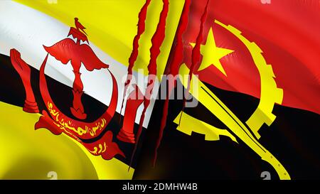 Bandiere Brunei e Angola con concetto di cicatrice. Flag di ondulazione, rendering 3D. Concetto di conflitto tra Brunei e Angola. Brunei Angola relazioni concetto. Bandiera di Brun Foto Stock