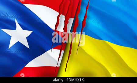 Bandiere di Porto Rico e Ucraina con concetto di cicatrice. Flag di ondulazione, rendering 3D. Concetto di conflitto di Porto Rico e Ucraina. Rapporti con Porto Rico Ucraina Foto Stock