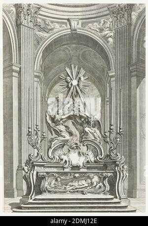 Projet pour le Maitre Autel de l'Eglise de St. Sulpice de Paris (disegno dell'altare maggiore della Chiesa di St. Sulpice di Parigi), Plate 109, in oeuvres de Juste-Aurèle Meissonnier (opere di Juste-Aurèle Meissonnier), Juste-Aurèle Meissonnier, francese, n. Italia, 1695–1750, Gabriel Huquier, francese, 1695–1772, Gabriel Huquier, francese, 1695–1772, incisione su carta bianca, scale che portano all'altare decorato con immagine di figura simile a Cristo; con figura femminile a destra e figura maschile a sinistra. Sopra, è possibile ammirare due figure che sostengono un libro; sopra di esse, una grande croce con putti e raggi solari Foto Stock