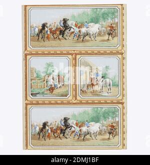 La Fiera del Cavallo, macchina stampata su carta continua, rettangolo verticale, disegno a blocchi di ashlar diviso da una struttura di perline architettoniche e stampaggio a bobina in giallo e marrone in due lunghi rettangoli, superiore e inferiore, con due quadrati tra. I rettangoli superiore e inferiore contengono una copia gratuita della "Fiera del Cavallo" di Rosa Bonheur. Le piazze centrali mostrano figure e cavalli. Stampato in rosso, blu, verde e giallo., Francia, 1855–75, Wallcoverings, parete laterale, parete laterale Foto Stock