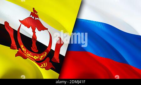 Bandiere di Brunei e Russia. Progettazione di bandiere ondulate 3D. Brunei Russia bandiera, foto, sfondo. Immagine Brunei vs Russia,rendering 3D. Brunei relazioni Russia a Foto Stock