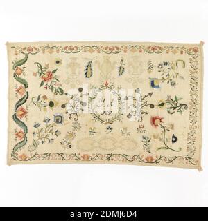 Sampler, Medium: linen, silk, metal-wrapped silk core, glass beads Technique: embroidered using satin, overcasting, knot, stem and drawnwork stitches on plain weave, Rectangular sampler with a central wreath enclosing text that reads 'Y. A. 1837'. Embroidered flowers and drawnwork designs fill the remaining area. Different patterns of floral garlands are worked along the four edges., Mexico, 1837, embroidery & stitching, Sampler Stock Photo